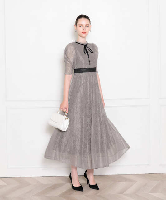 LEJA-ウエストマークパフスリーブ総レースロングドレスワンピース美脚効果結婚式 パーティードレス