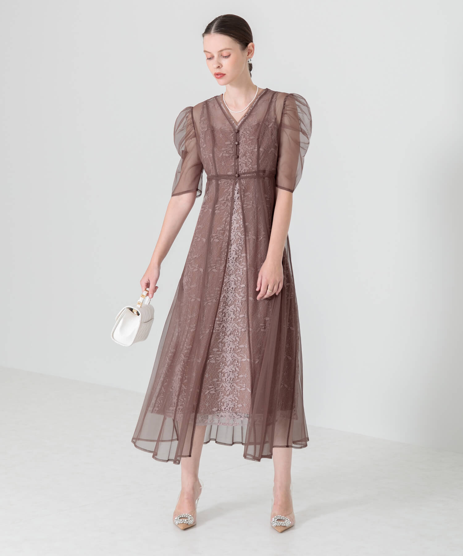 【LEJA】花柄総レースパフスリーブウエストリボン ドレス パーティ ワンピース 花柄総レースパフスリーブウエストリボンキャミワンピースセットアップ