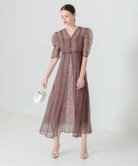 LEJA-花柄総レースパフスリーブウエストリボンキャミワンピースセットアップ美脚効果ドレス結婚式 パーティードレス