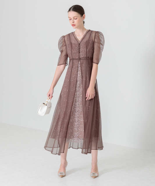 LEJA-花柄総レースパフスリーブウエストリボンキャミワンピースセットアップ美脚効果ドレス結婚式 パーティードレス