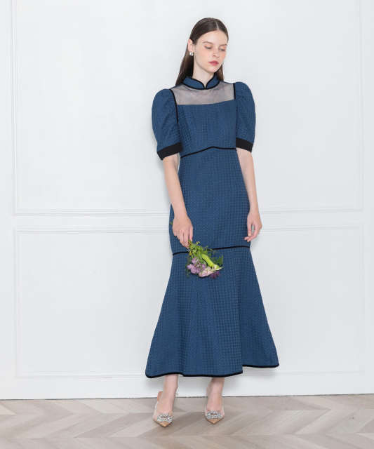 LEJA-ワッフル生地パフスリーブ配色パイピングマーメイドロング丈ドレスワンピース美脚効果結婚式 パーティードレス