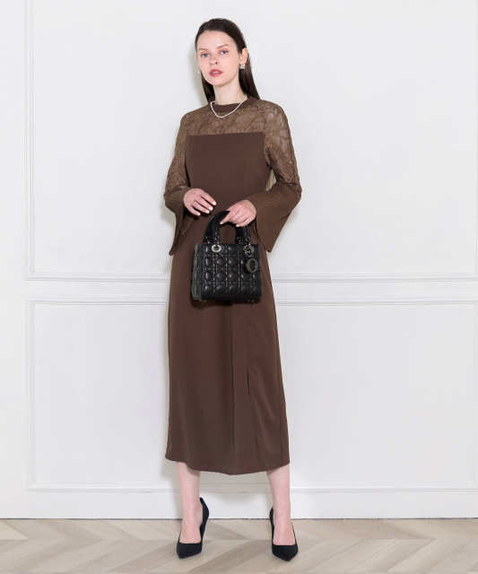 レース切替スリットAラインロングドレスワンピース美脚効果結婚式 パーティードレス