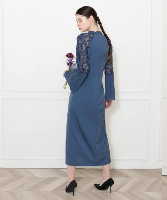 レース切替スリットAラインロングドレスワンピース美脚効果結婚式 パーティードレス