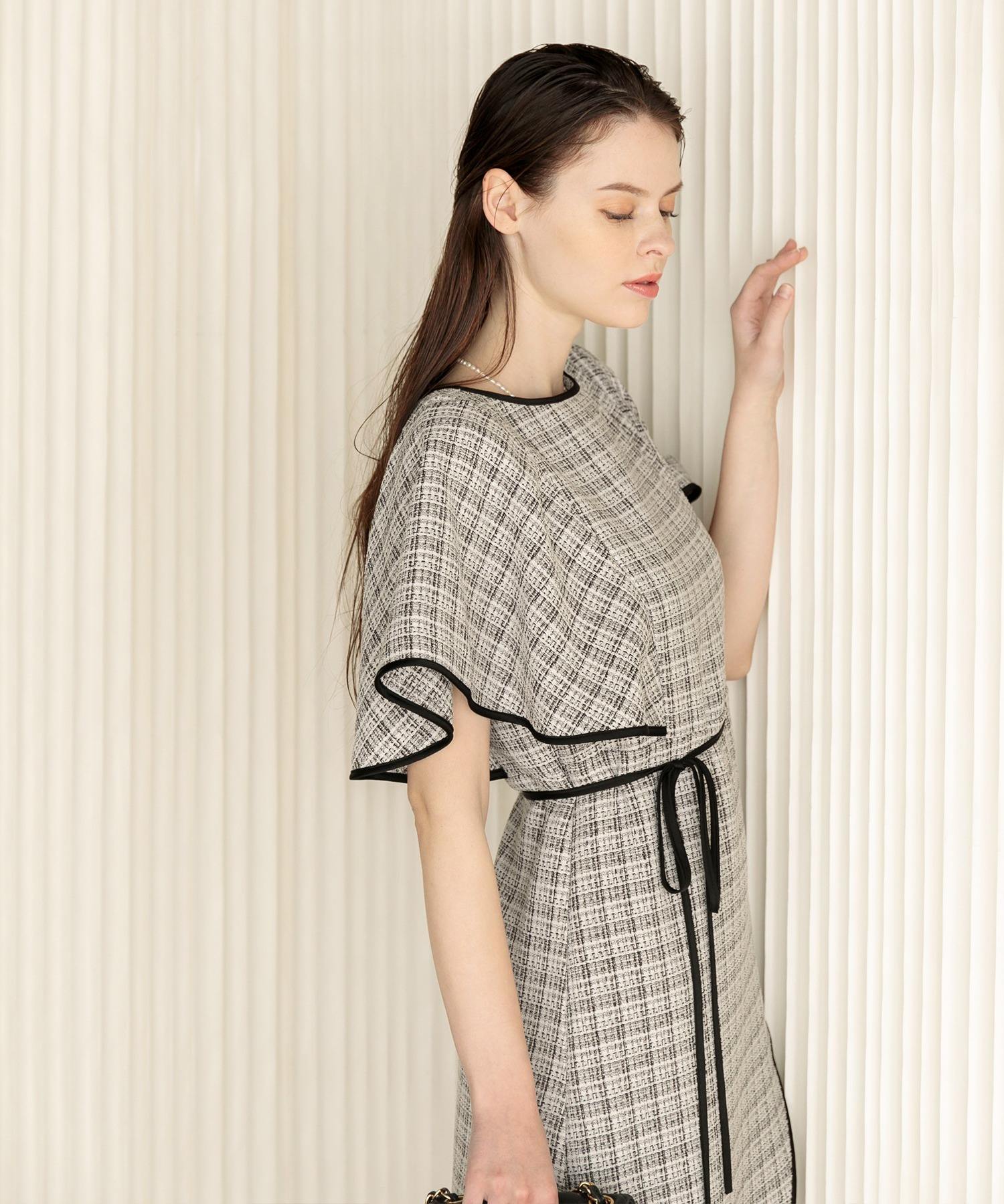 ウエストリボンツイード柄フレア半袖配色パイピングロングドレス  