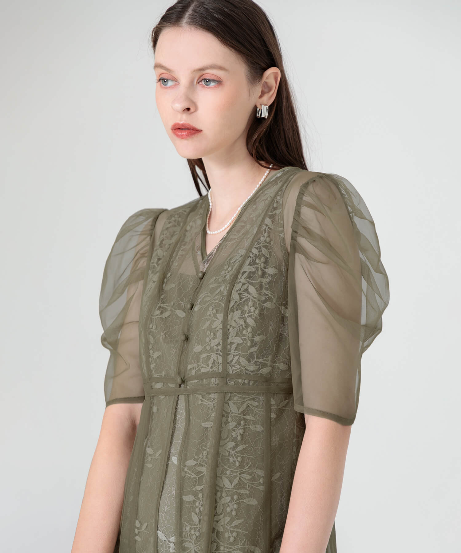 花柄総レースパフスリーブウエストリボンキャミワンピースセットアップ