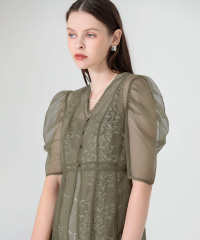 LEJA-花柄総レースパフスリーブウエストリボンキャミワンピースセットアップ美脚効果ドレス結婚式 パーティードレス