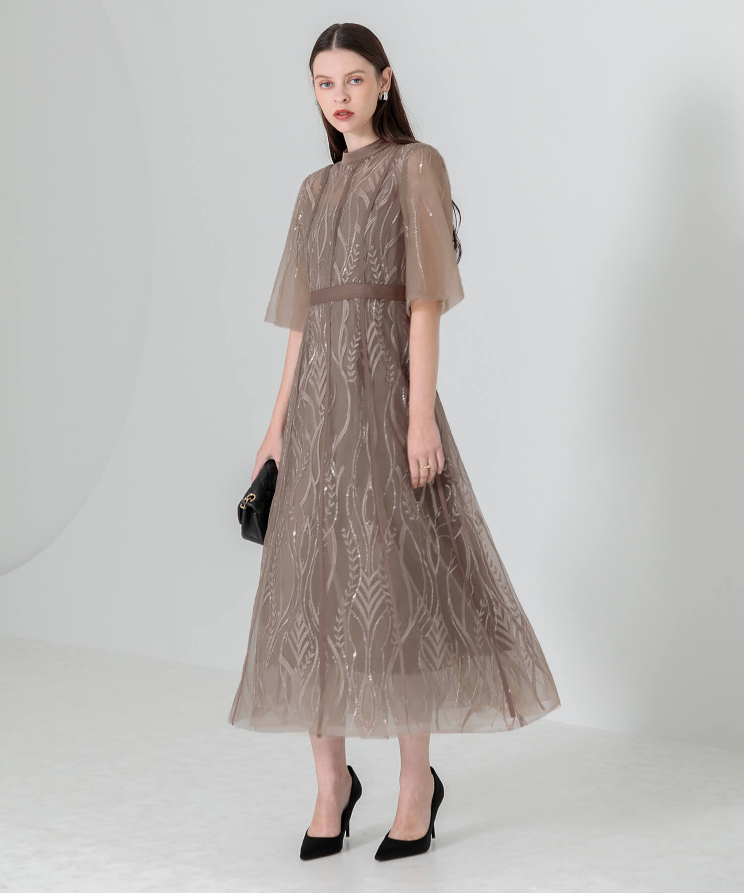 スパンコール刺繍レースプチハイネックフリルロングドレスワンピース