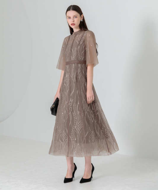 LEJA-スパンコール刺繍レースプチハイネックフリルロングドレスワンピース美脚効果結婚式 パーティードレス