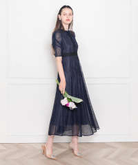 LEJA-ウエストマークパフスリーブ総レースロングドレスワンピース美脚効果結婚式 パーティードレス