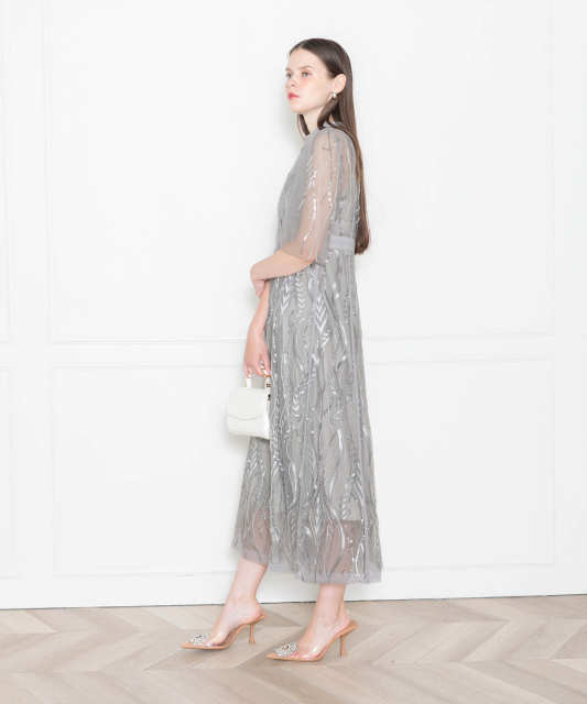 LEJA-スパンコール刺繍レースプチハイネックフリルロングドレスワンピース美脚効果結婚式 パーティードレス