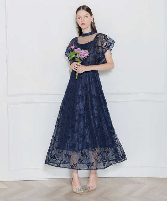 チョーカー風デコルテオープン花柄レースウエストリボン美脚効果ドレス  