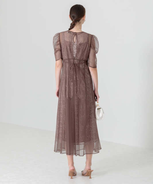 花柄総レースパフスリーブウエストリボンキャミワンピースセットアップ美脚効果ドレス結婚式 パーティードレス