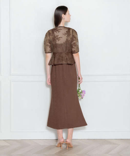 LEJA-配色パイピング花柄レースペプラムセットアップワンピース美脚効果セットアップドレス結婚式 パーティードレス