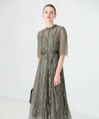 スパンコール刺繍レースプチハイネックフリルロングドレスワンピース美脚効果結婚式 パーティードレス