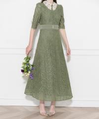 レースビッグカラー花柄刺繍ウエストマークロングフレアドレスワンピース美脚効果結婚式 パーティードレス