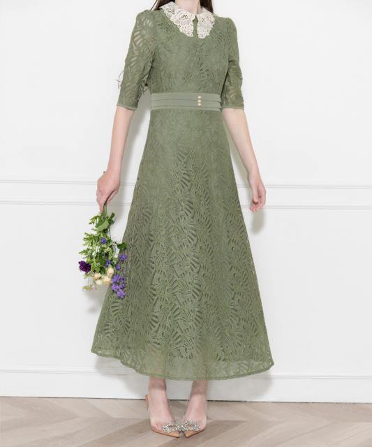 レースビッグカラー花柄刺繍ウエストマークロングフレアドレスワンピース美脚効果結婚式 パーティードレス