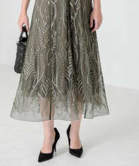 スパンコール刺繍レースプチハイネックフリルロングドレスワンピース美脚効果結婚式 パーティードレス