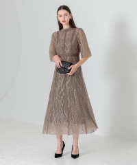 スパンコール刺繍レースプチハイネックフリルロングドレスワンピース美脚効果結婚式 パーティードレス