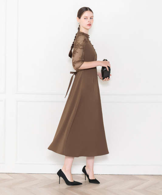 LEJA-ウエストベルト付き透け感刺繍レース切り替えロング丈ドレスワンピース美脚効果結婚式 パーティードレス