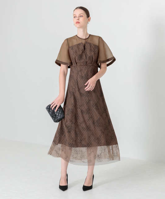 花柄刺繍オーガンジーレース切替えビスチェ風チュールロング丈美脚効果  