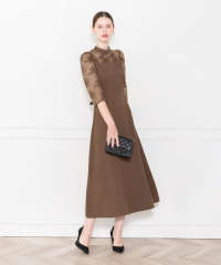 LEJA-ウエストベルト付き透け感刺繍レース切り替えロング丈ドレスワンピース美脚効果結婚式 パーティードレス