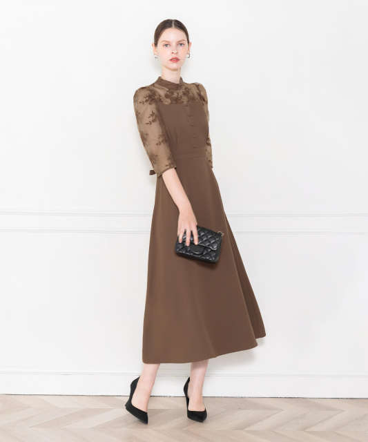 LEJA-ウエストベルト付き透け感刺繍レース切り替えロング丈ドレスワンピース美脚効果結婚式 パーティードレス