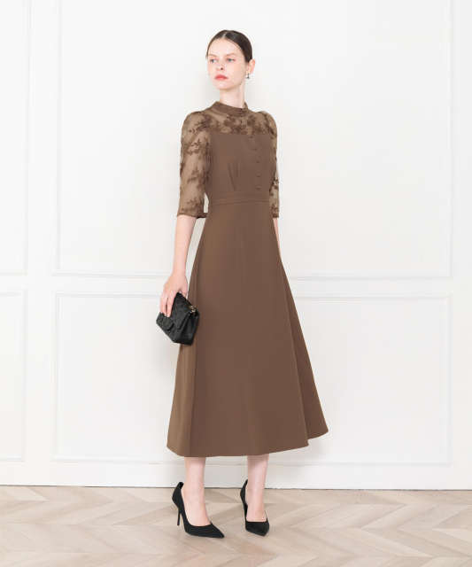 LEJA-ウエストベルト付き透け感刺繍レース切り替えロング丈ドレスワンピース美脚効果結婚式 パーティードレス