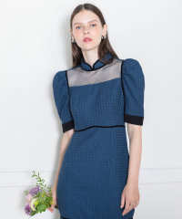 LEJA-ワッフル生地パフスリーブ配色パイピングマーメイドロング丈ドレスワンピース美脚効果結婚式 パーティードレス