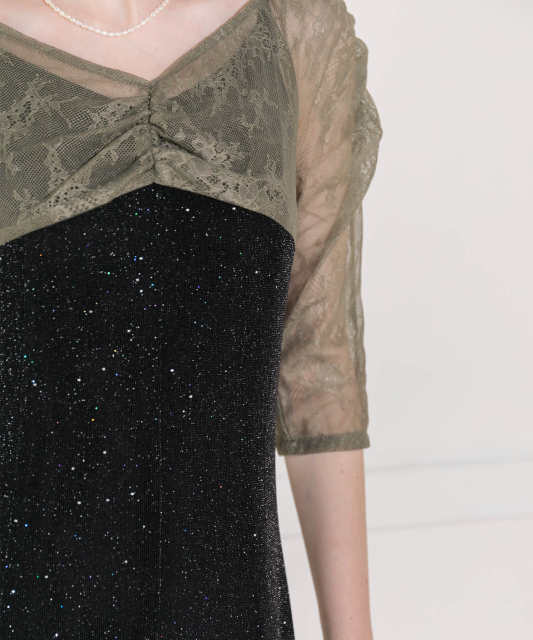 レース切替透けキラキラAラインロングドレスワンピース美脚効果結婚式 パーティードレス