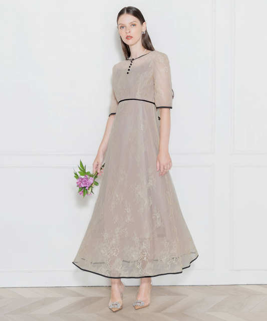 LEJA-総レースバックオープン配色パイピングウエストリボン美脚効果ドレス結婚式 パーティードレス
