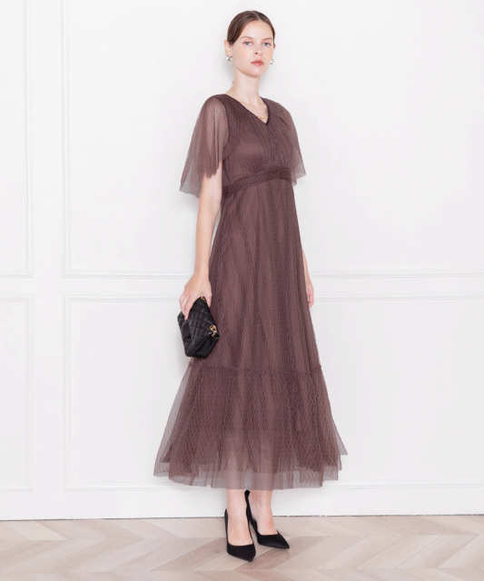 LEJA-総レースVネック袖ケープ風ワンピース美脚効果ドレス結婚式 パーティードレス