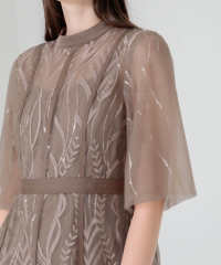 スパンコール刺繍レースプチハイネックフリルロングドレスワンピース美脚効果結婚式 パーティードレス