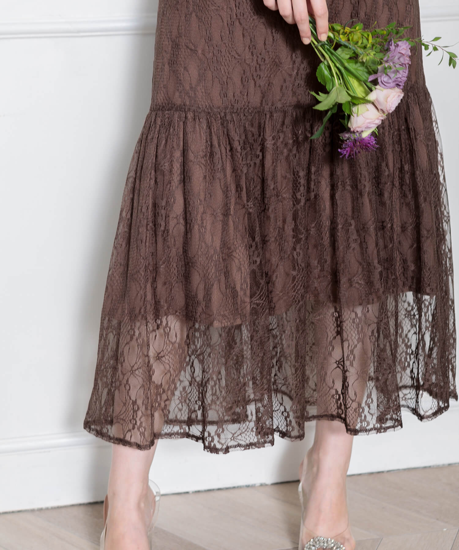 パフスリーブウエストリボン総レースキャミソールワンピースマーメイド