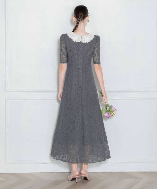 LEJA-刺繍レース襟付きハイウエスト切り替えAラインワンピース美脚効果ドレス結婚式 パーティードレス