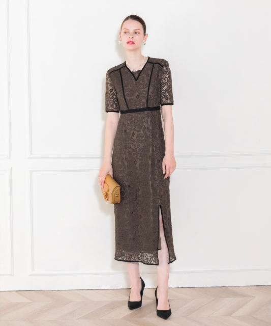 袖透け感花柄レース配色パイピングスリットロングドレスワンピース美脚  