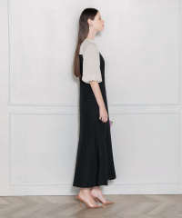 LEJA-レイヤード風異素材シアー切り替えワッフル生地美脚効果ドレス結婚式 パーティードレス