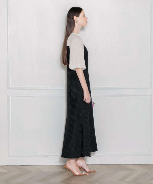 LEJA-レイヤード風異素材シアー切り替えワッフル生地美脚効果ドレス結婚式 パーティードレス