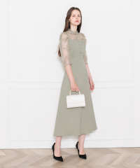 LEJA-ウエストベルト付き透け感刺繍レース切り替えロング丈ドレスワンピース美脚効果結婚式 パーティードレス