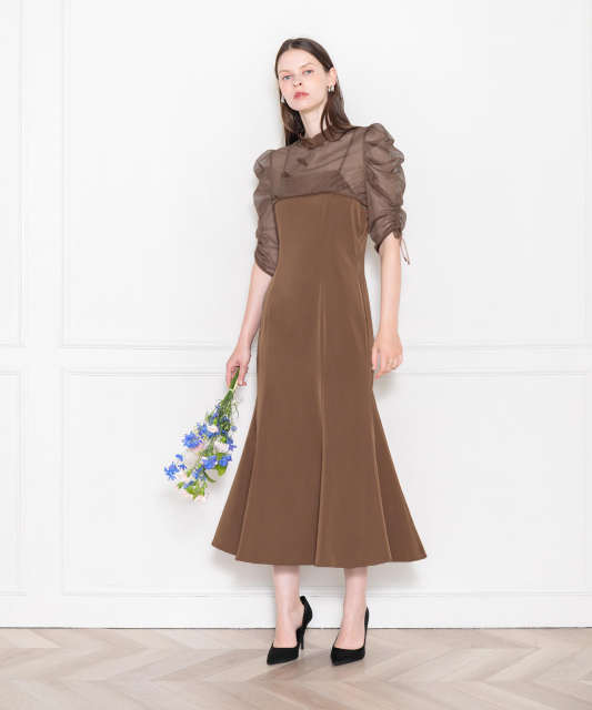 LEJA-透け感チャイナトップス付きロング丈キャミソールセットアップワンピースドレス美脚効果結婚式 パーティードレス