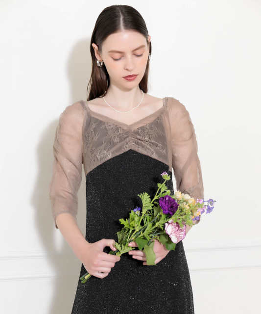 レース切替透けキラキラAラインロングドレスワンピース美脚効果結婚式 パーティードレス