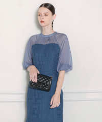 LEJA-レイヤード風異素材シアー切り替えワッフル生地美脚効果ドレス結婚式 パーティードレス