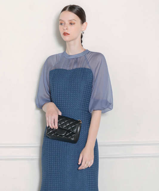 LEJA-レイヤード風異素材シアー切り替えワッフル生地美脚効果ドレス結婚式 パーティードレス