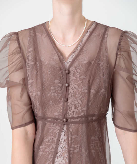 LEJA-花柄総レースパフスリーブウエストリボンキャミワンピースセットアップ美脚効果ドレス結婚式 パーティードレス