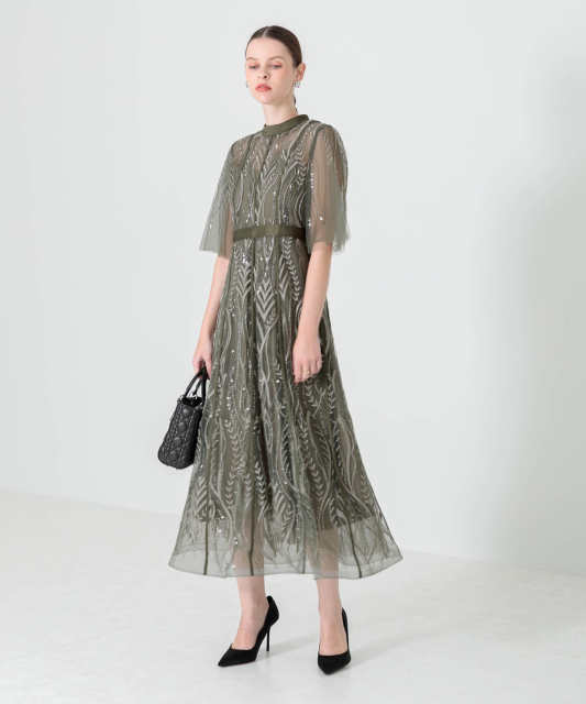 LEJA-スパンコール刺繍レースプチハイネックフリルロングドレスワンピース美脚効果結婚式 パーティードレス