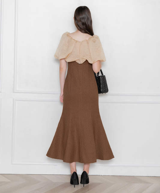 EJA-2WAYオフショルダーパフスリーブワッフル生地マーメイドワンピースロングドレス美脚効果結婚式 パーティードレス
