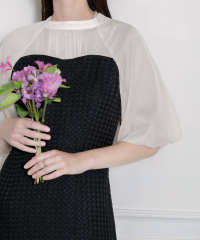 LEJA-レイヤード風異素材シアー切り替えワッフル生地美脚効果ドレス結婚式 パーティードレス