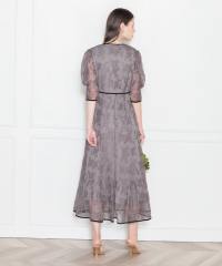 LEJA-配色パイピング総レース花柄パフスリーブワンピースロングドレス美脚効果結婚式 パーティードレス