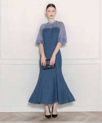 LEJA-レイヤード風異素材シアー切り替えワッフル生地美脚効果ドレス結婚式 パーティードレス