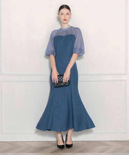 LEJA-レイヤード風異素材シアー切り替えワッフル生地美脚効果ドレス結婚式 パーティードレス