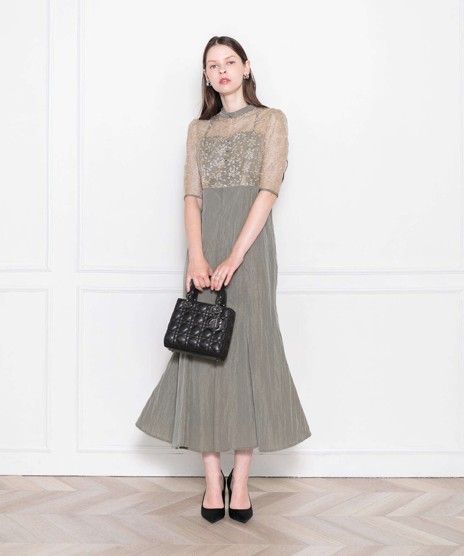 LEJA-レース花柄透け切り替えロング丈マーメイドフレアドレスワンピース結婚式 パーティードレス